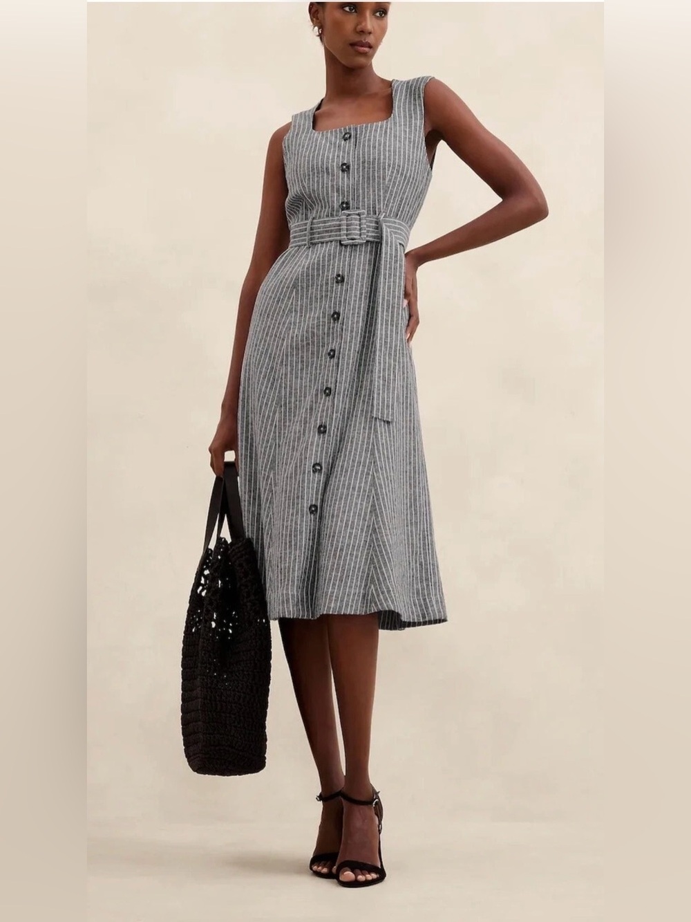 Banana Republic Linen Blend Button MIDI DRESS Blue Stripe Sz 4  Petite NWT